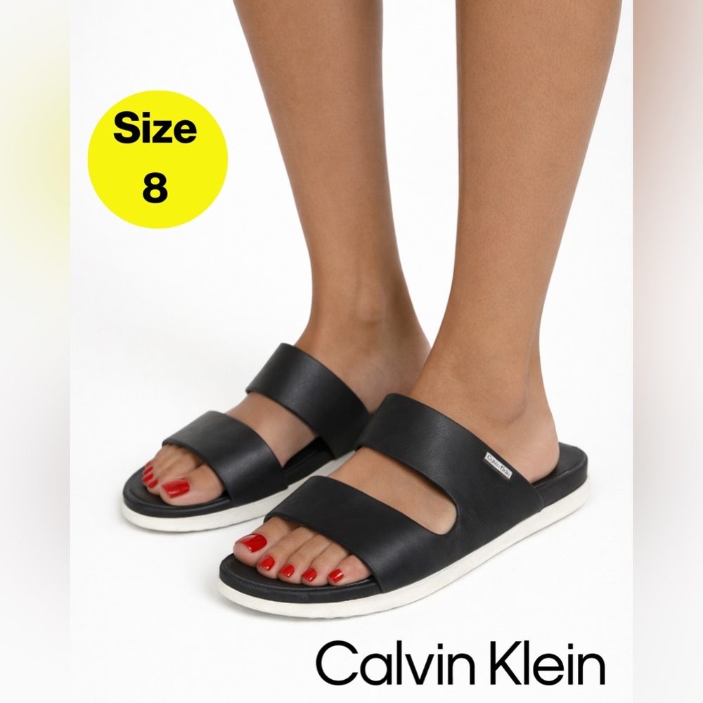 2/for $20 🪩 CALVIN KLEIN Black Leather Slide Flat Slip-On Sandals (Women’s 8)